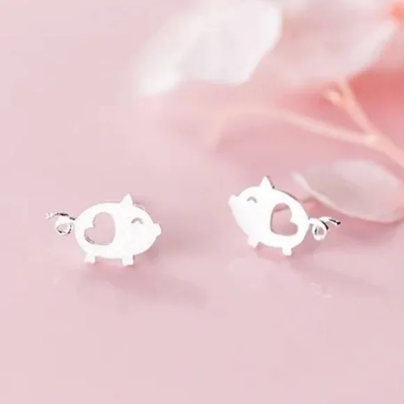 Teeny Tiny Precious Piglet Sterling Silver Lovable Heart Micro Stud Earr… - Picture 2 of 6